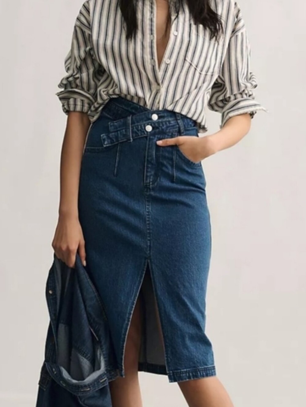 Pilcro Anthro Sz 6 Denim Pencil Skirt Double Waist Criss Cross Casual